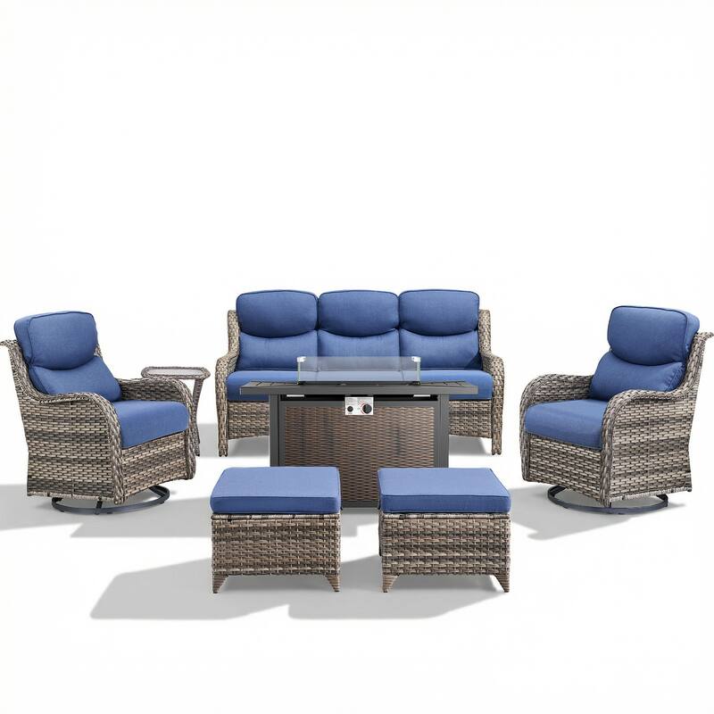 Pocassy 6/7 Piece Patio Sofa Swivel Chair Set with 43" Fire Pit Table