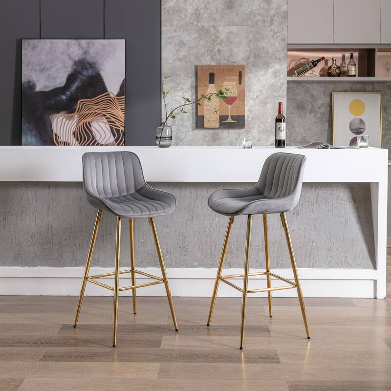 30 inch Set of 2 Bar Stools,with Chrome Footrest Velvet Fabric Counter Stool Golden Leg Simple High Bar Stool,black