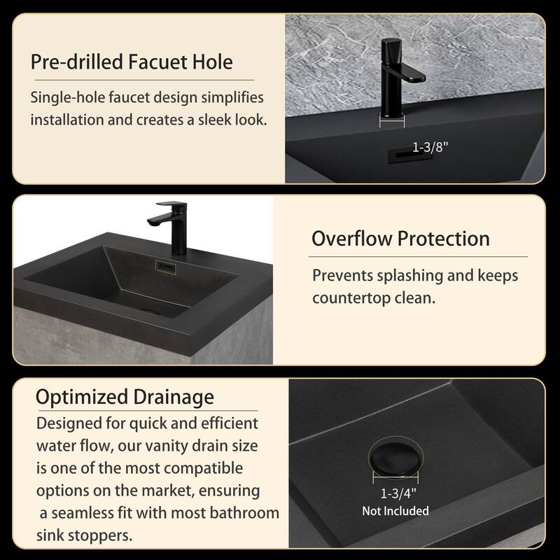 Wall-Mounted Bathroom Vanity with Gray Storage Cabinet, Matte Black Quartz Sand Sink, Soft-Close Hinges - 23.62in L Melamine