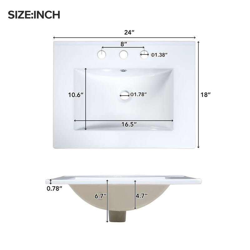 Compact 24" Freestanding Bathroom Cabinet with Ceramic Basin, Soft-Close Hinges, Storage Drawers & Door Racks