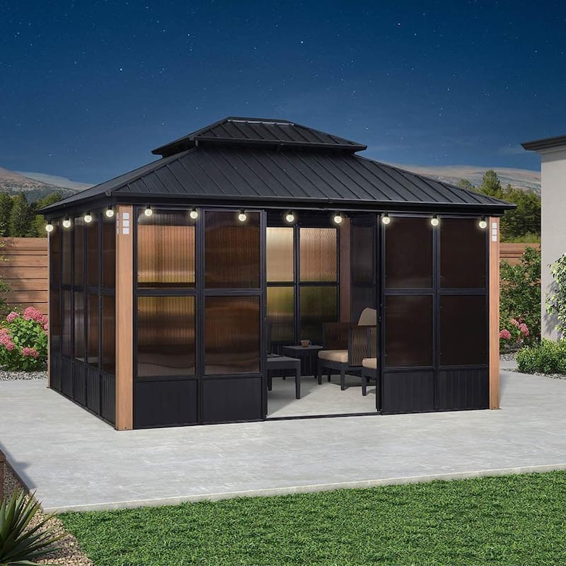 PURPLE LEAF Double Top Outdoor Sunroom Screen House Patio Hardtop Gazebo - 12' x 18' - Black