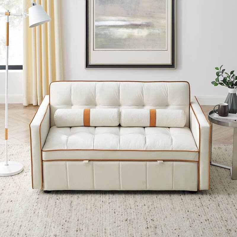 3 in 1 Convertible Sleeper Sofa Bed, Futon Couches with Side Pockets, 2-Seater Sofa with Adjsutable Back and Lumbar Pillows