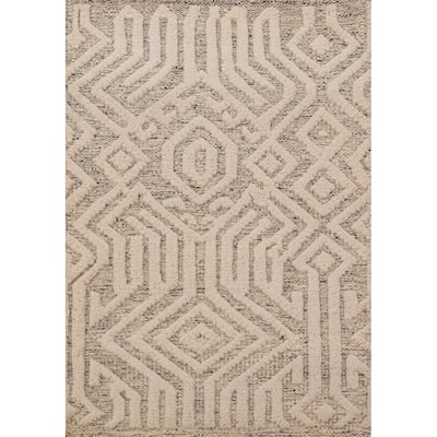 Geometric Moroccan Oriental Foyer Rug Hand-Knotted Beige Wool Carpet - 2'0"x 3'0"