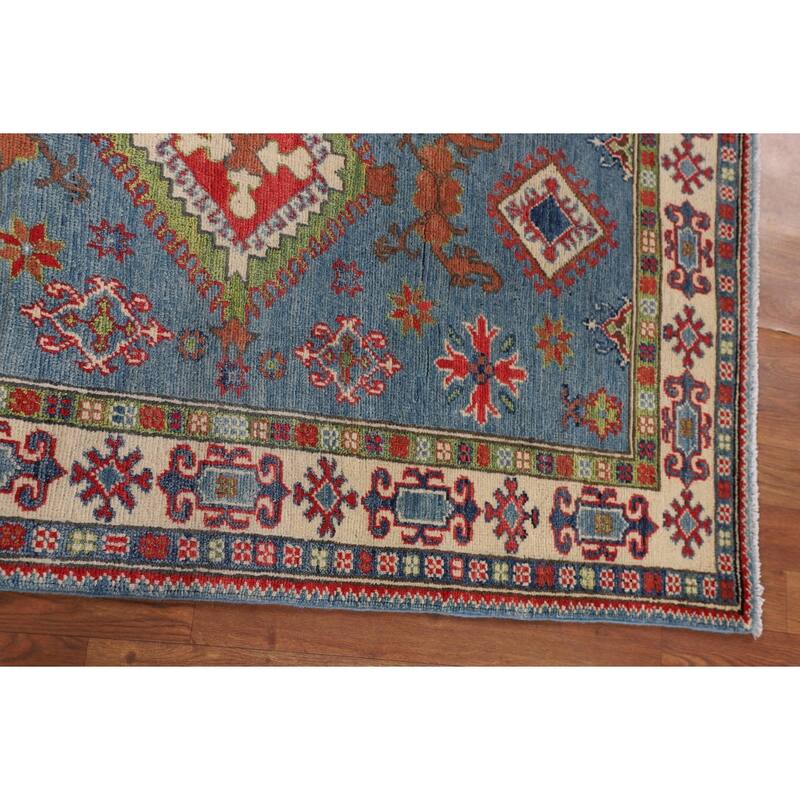 Light Blue Geometric Kazak Rug Hand-Knotted Wool Carpet - 3'3" x 4'11"