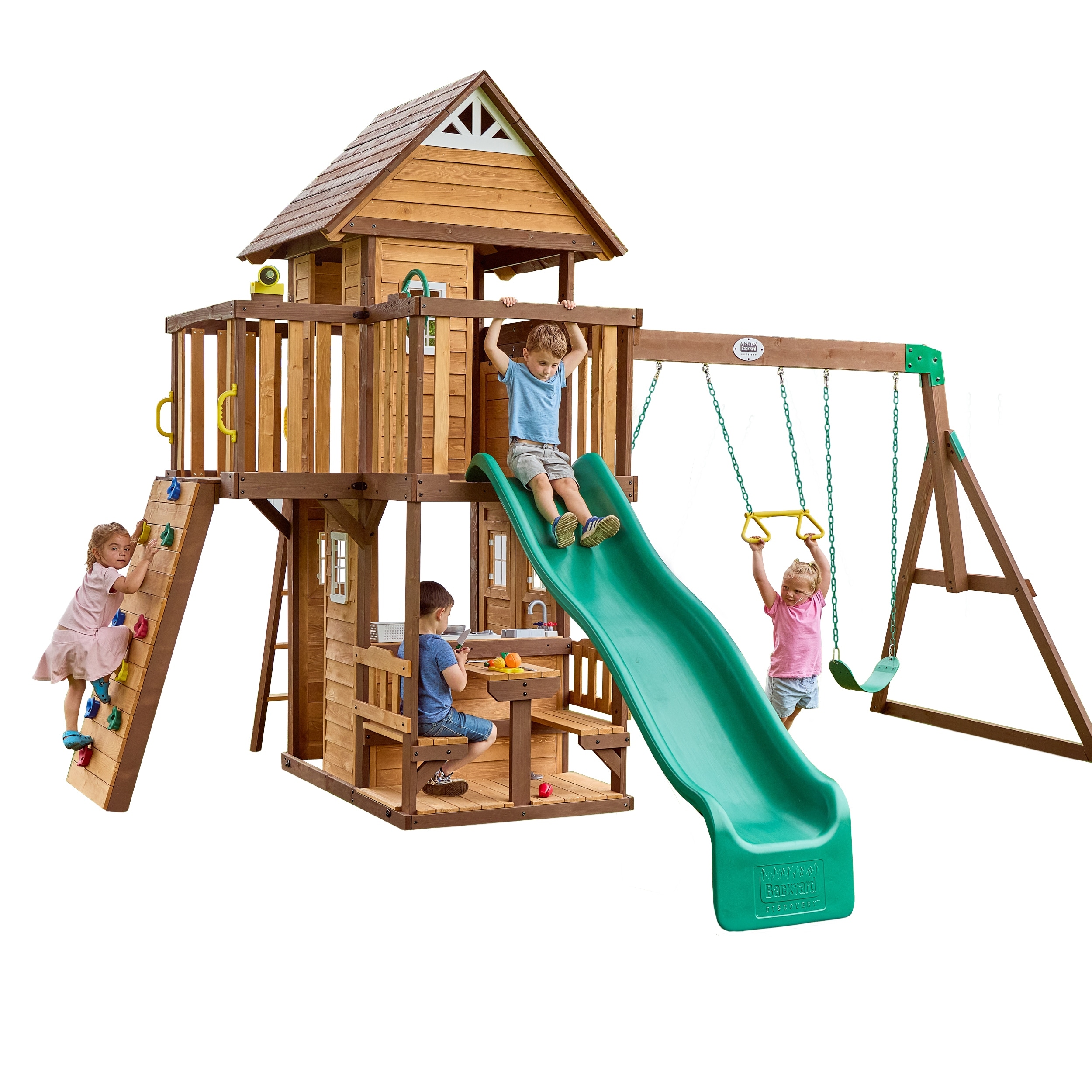 Backyard Discovery Spruce Hollow Spruce Wood Swing Set, Wave Slide