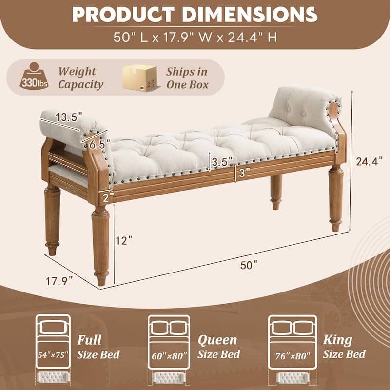 Christopher Knight Home - Mid-Century Solid Rubberwood Upholstered Bench with Rolled Arms, Button-Tufted Cushion & Nailhead Trim