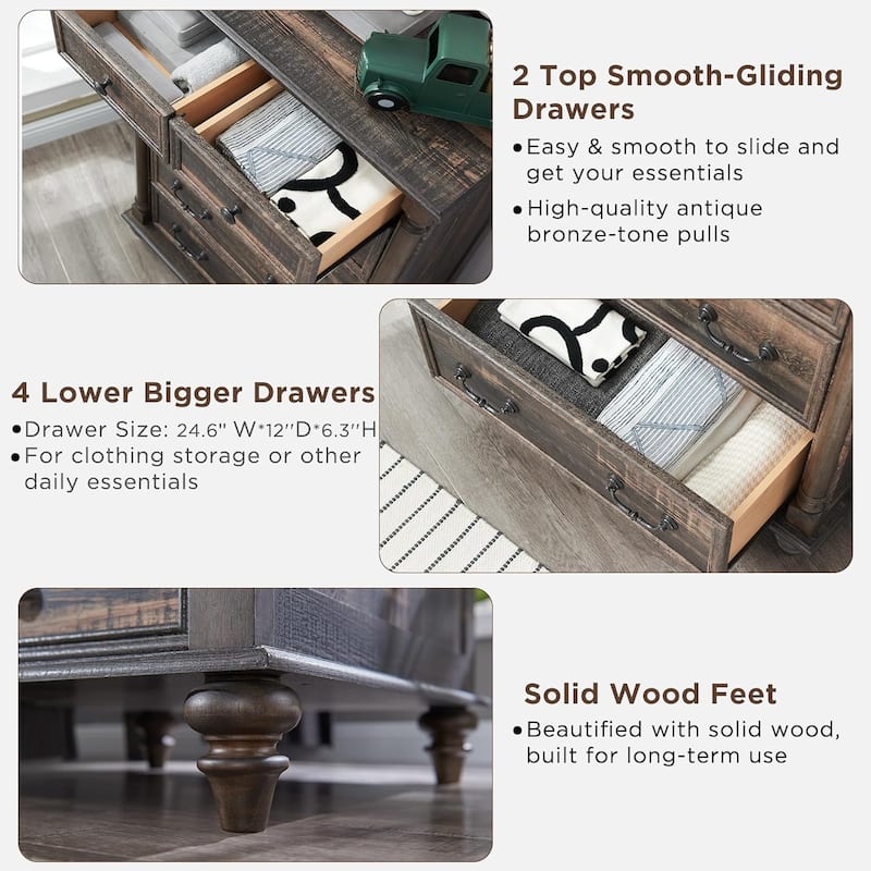 Farmhouse 6 Drawers Dresser Chests, Rustic Wood Chest of Drawers