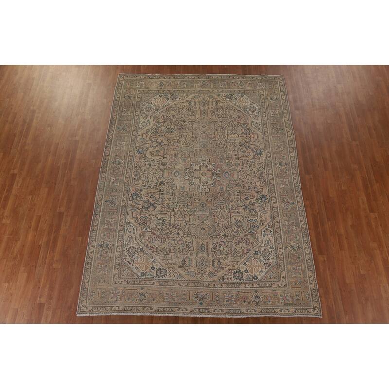 Geometric Tabriz Distressed Persian Vintage Rug Handmade Wool Carpet - 7'10" x 10'9"