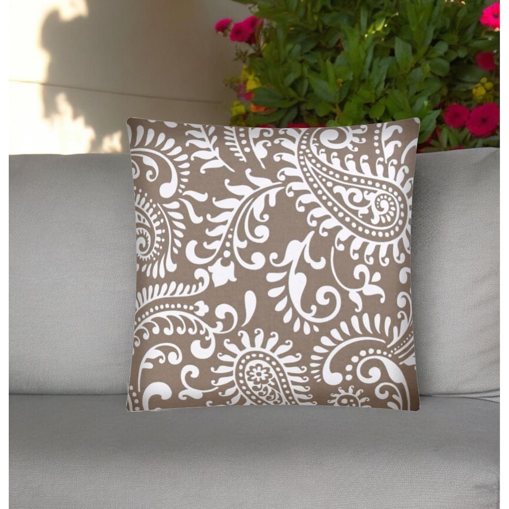 17" Taupe and White Paisley Indoor Outdoor Throw Pillow Cover