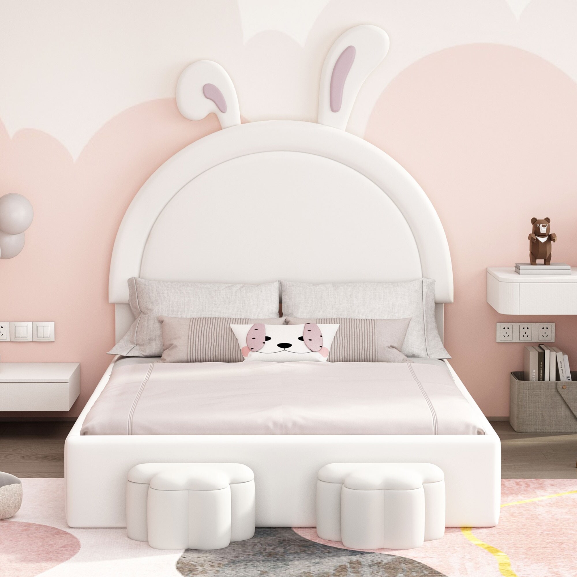 Velvet Upholstered Cartoon Platform Bed with 2 Storage