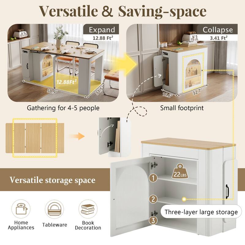 Extendable Dining Table with 3 Removable Middle Leaves,Mobile Rolling Table with Power Outlet,Saving-space Cabinet with Storage
