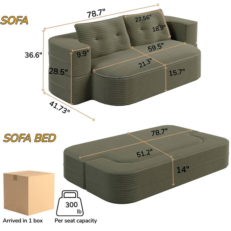 78.7 Inch Convertible Floor Sofa Bed, Plush Corduroy Sleeper Couch with Blanket and 2 Pillows, Deep Seat