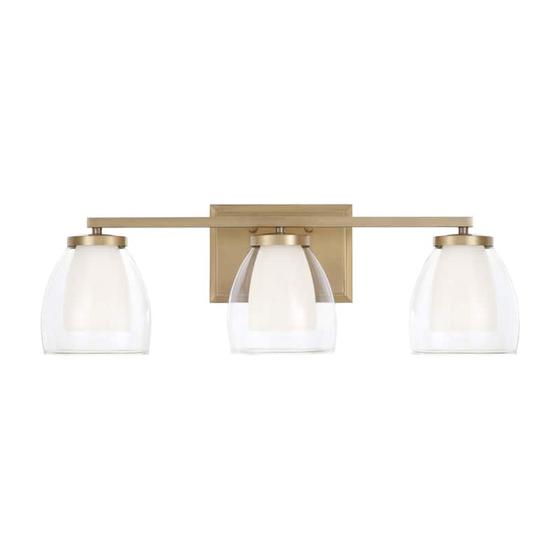 25.5" W x 8.25" H 3-Light Vanity in Aged Brass with Layered White and Clear Glass - 25.5"W x 8.25"H x 8"E