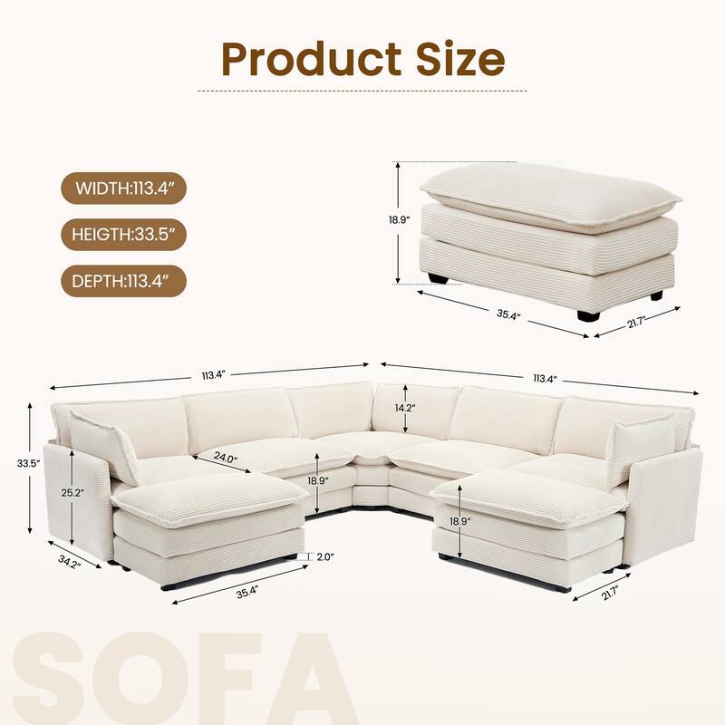 7-Seater Corduroy Sectional Sofa with 2 Removable Ottomans & Corner Seat, Soft & Comfortable - 5 Seats with 2 Ottoman