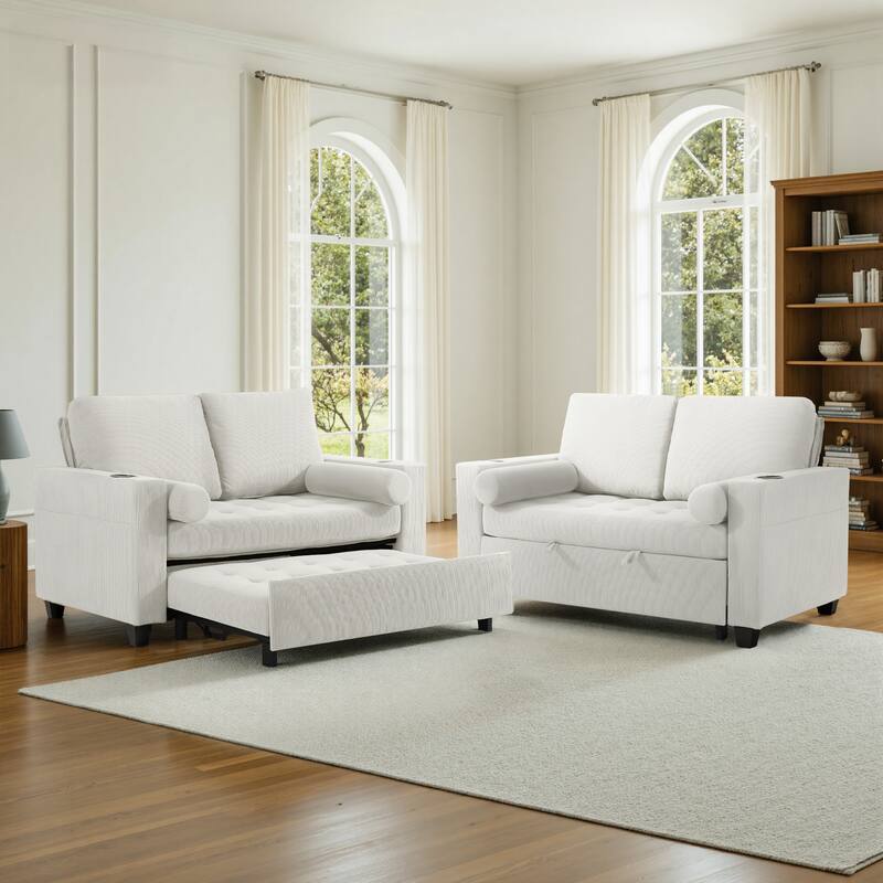 2 Set Corduroy Convertible Sleeper Sofa Bed Loveseats with Cup Holder, USB Ports
