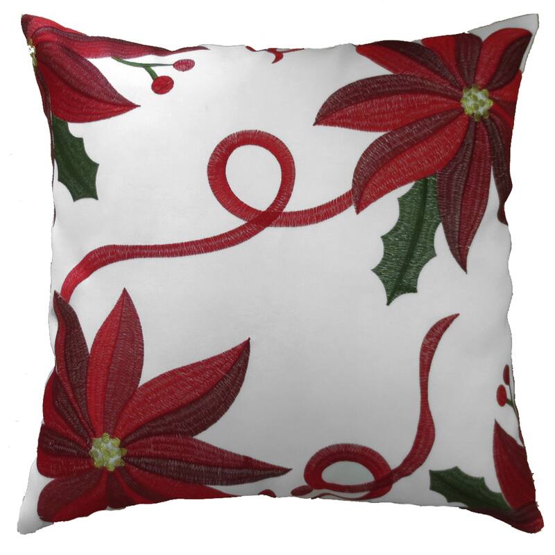 Violet Linen Decorative Christmas Embroidered Poinsettias Bloomy Pattern Decorative Throw Pillow - Embroidered White