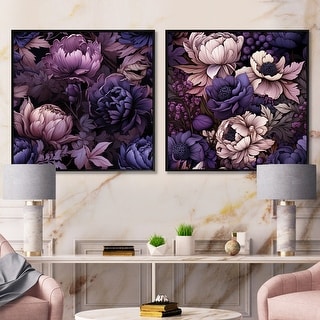 Designart "Gothic Botanicals Moody Patterns" Floral Framed Art Set Of 2 - Traditional Purple Wall Art Set 2 Pieces