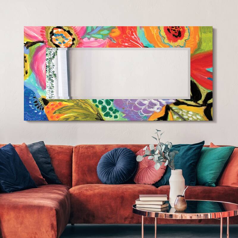 "Secret Garden Floral II" 72"x36" Colorful Rectangular Beveled Leaner Mirror on Free Floating Reverse Printed Tempered Art Glass