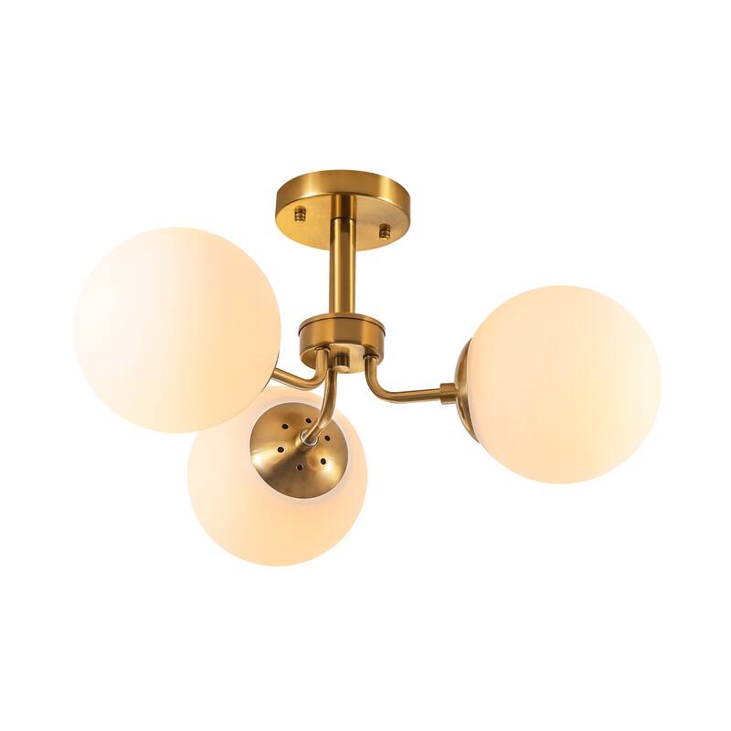 23.2" W 3-Light Bohemian Farmhouse Gold/White Sputnik Frosted Opal Bubble Glass Semi-Flush Mount Ceiling Light