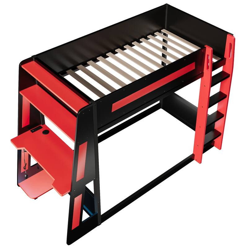 Gaming Bunk Bed with Computer Desk, Storage Shelves, USB Port and LED Strip Lighting, Esports Design, Wooden Gaming Bed