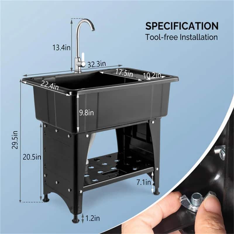 Utility Washing Room Sink Laundry Tub with Faucet & Shelf & Drainboard Black - 22.4"D x 32.3"W x 29.9"H