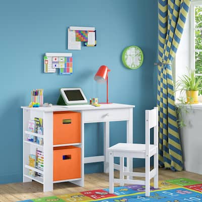 RiverRidge Kids Desk and Chair Playroom Set with 2 Art Storage Cubbies and 2 Side Bookshelves - White