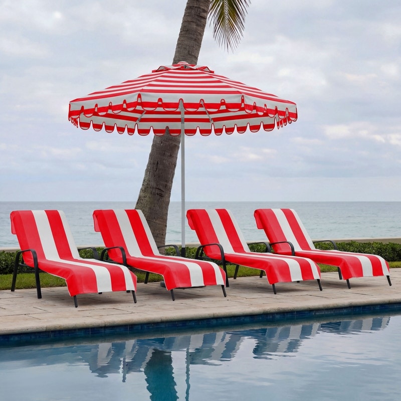 100% Cotton Cabana‑Stripe Lounge Chair Cover Terry Towel with Fitted Pocket & Back Flap Set of 4