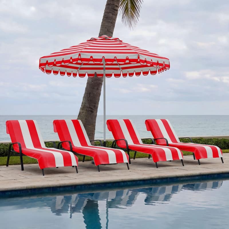 100% Cotton Cabana‑Stripe Lounge Chair Cover Terry Towel with Fitted Pocket & Back Flap Set of 4 - Red