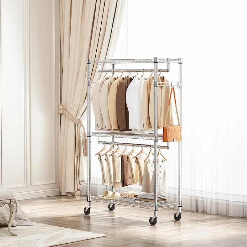 Heavy Duty Rolling Garment Rack with Wheels, 3-Tier Adjustable Wire Shelving, Clothes Rack with 2 Rods & Side Hooks