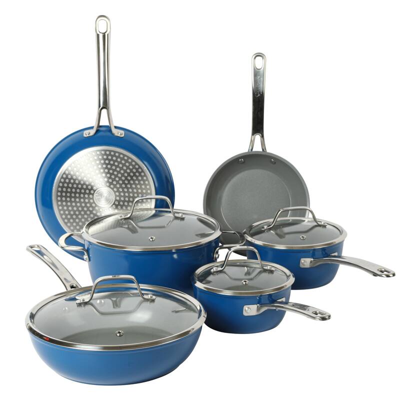 Sur La Table Kitchen Essentials 10 Piece PFA Free Titanium Ceramic Nonstick Interior Forged Aluminum Cookware Pots and Pans Set - Blue