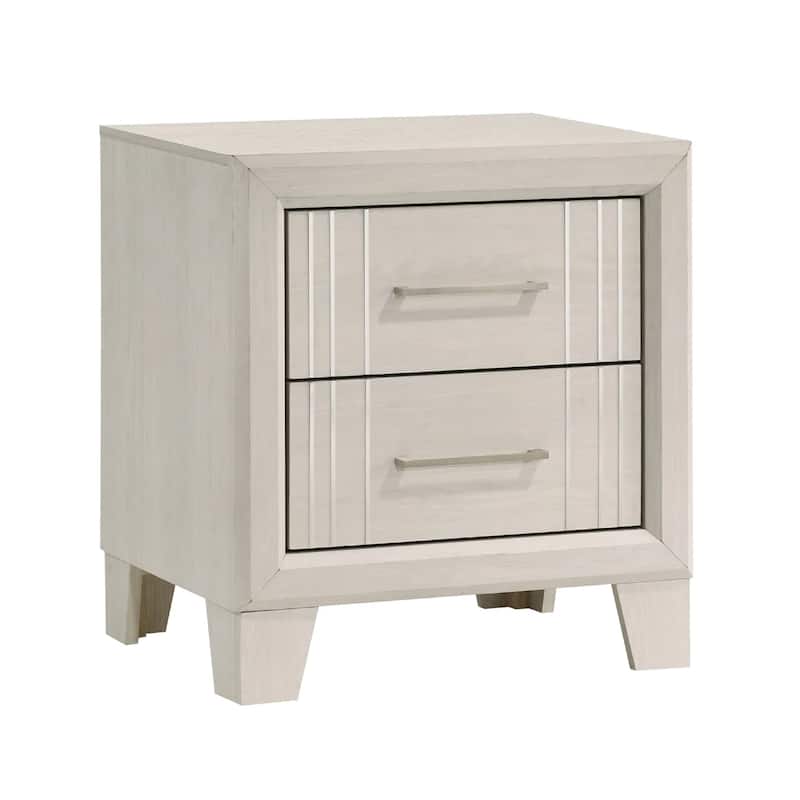 Charie Nightstand with 2 Drawers, Tapered Legs, Silver Metal, White Wood