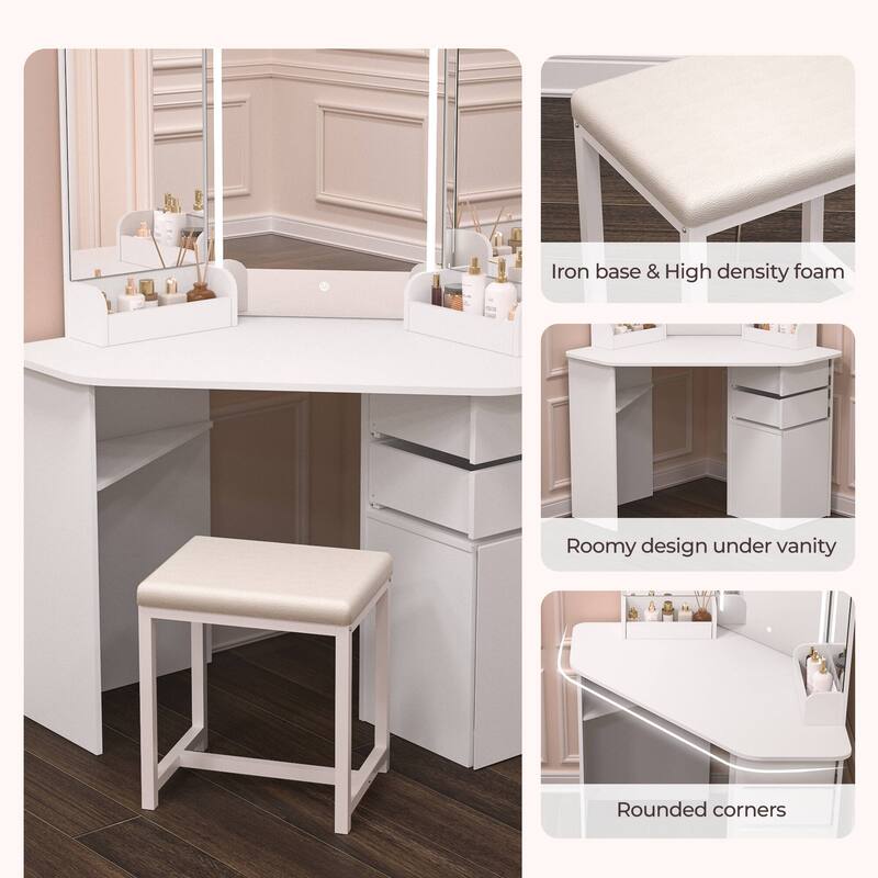 KEONJINN Corner Vanity Desk Set with Lighted Mirror & Matching Chair, Bedroom Storage - White - 56INx47IN