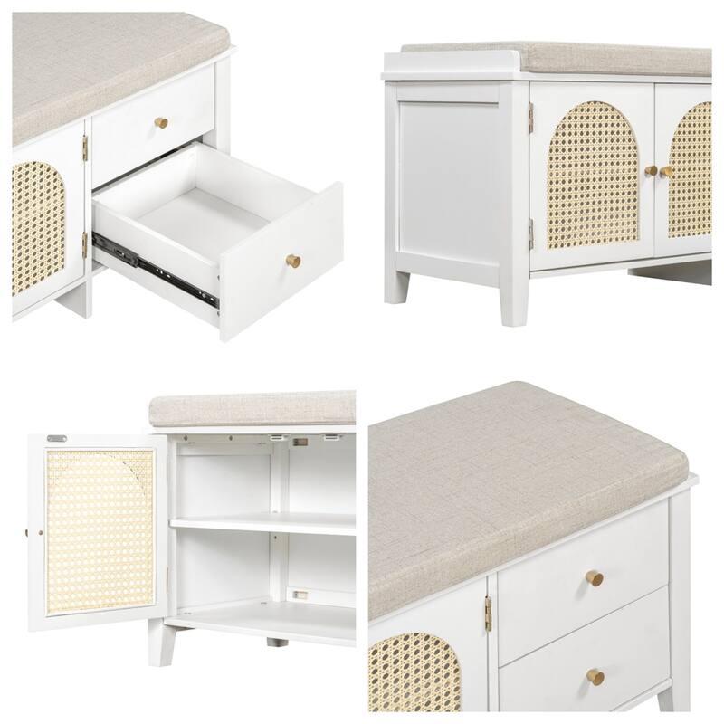 Wood Shoe Storage Bench with Cushion,2 Drawers and 2 Rattan Door
