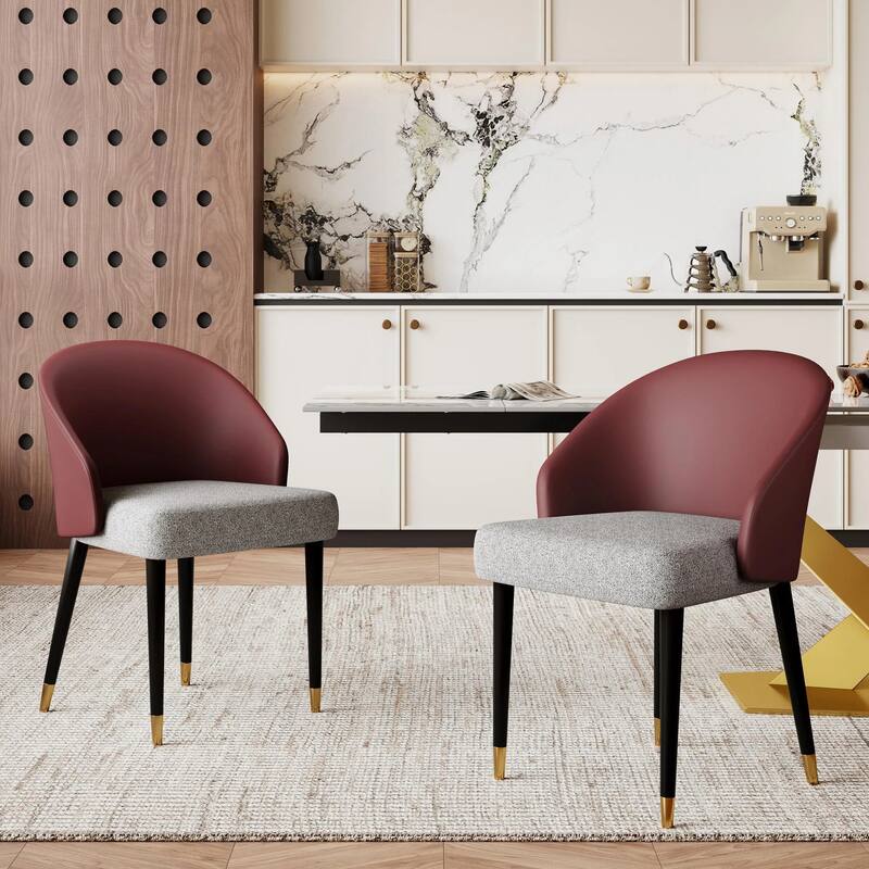 Modern Faux Leather and Fabric Upholstered Back Armchair Dining Chair (Set of 2) - Red&Grey