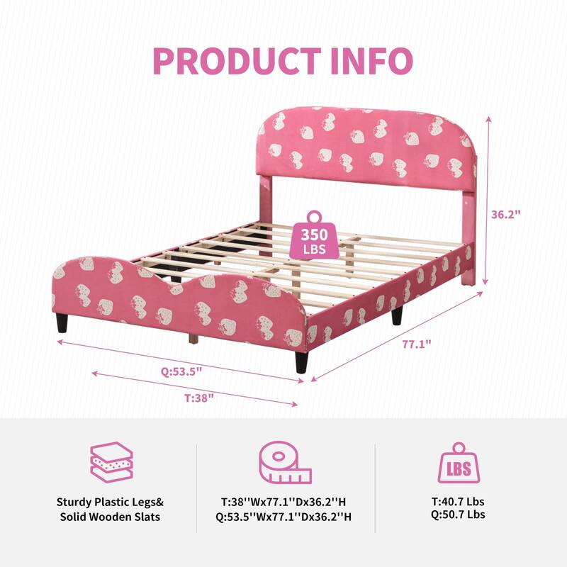 Kids Bed Frame with Headboard, Upholstered Platform Bed with Slatted Bed Base