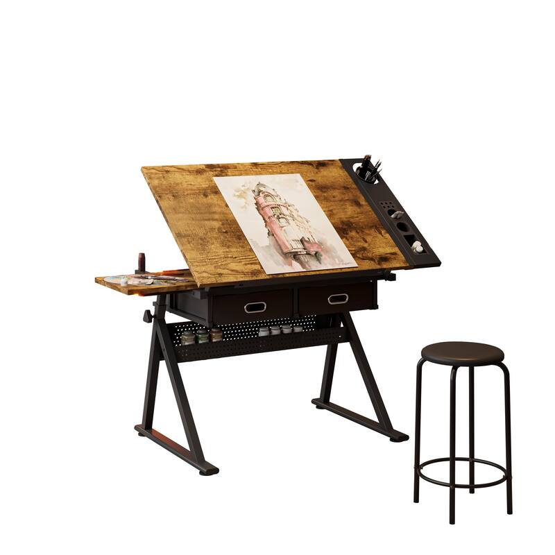 Adjustable drawing drafting table desk with 2 drawers for home office and school with stool