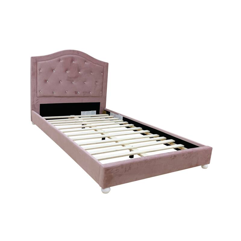 Twin Size Upholstered Platform Bed with Button Tufted Arched Headboard and Wooden Legs, No Box Spring Needed, Pink Fabric Frame