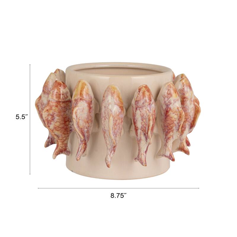 Stoneware Planter with 3D Fish and Reactive Glaze - 8.75"L x 8.75"W x 5.5"H