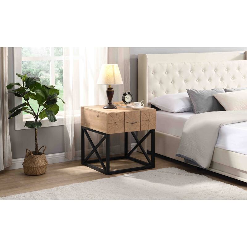 Wood Nightstand Accent Table with Drawer and Metal Legs, Industrial End