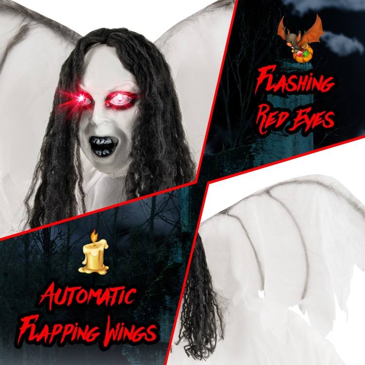 White Metal Fabric Animated Halloween Angel Prop with Wings and Sound