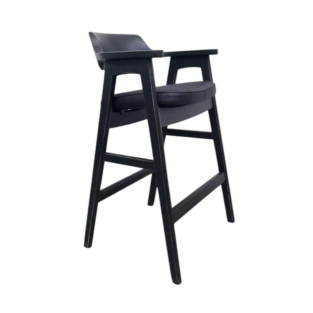 Zsy Barstool Chair, Curved Back, Black Birch Wood and Faux Leather