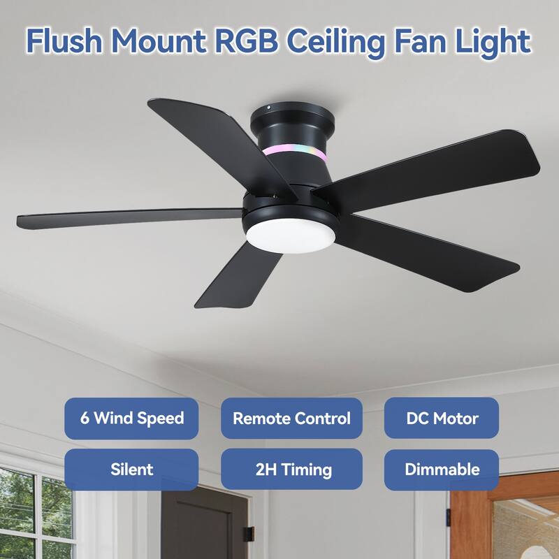 Kviflon 46 Inches RGB Flush Mount Ceiling Fan with Light and Remote,DC Motor,for Living Room Bedroom