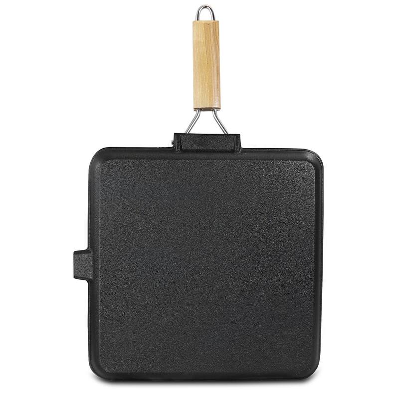 General Store Addlestone 14 Inch Pre-Seasoned Cast Iron Grill Pan with Foldable Wooden Handle