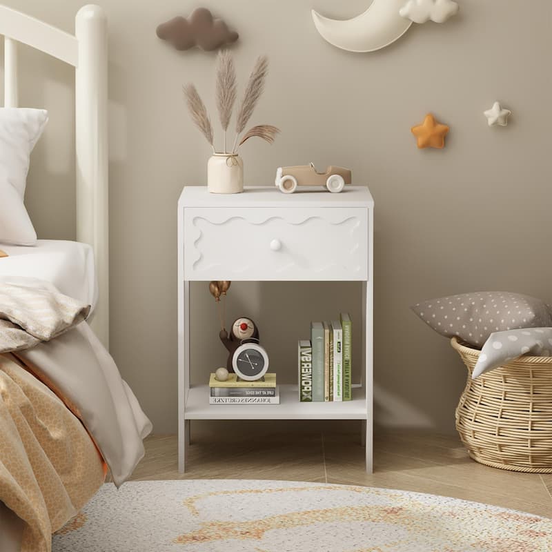 Nightstand with Drawer and Open Shelf, Modern Wave Pattern Bedside Table, Solid Wood Frame End Table for Bedroom, Living Room