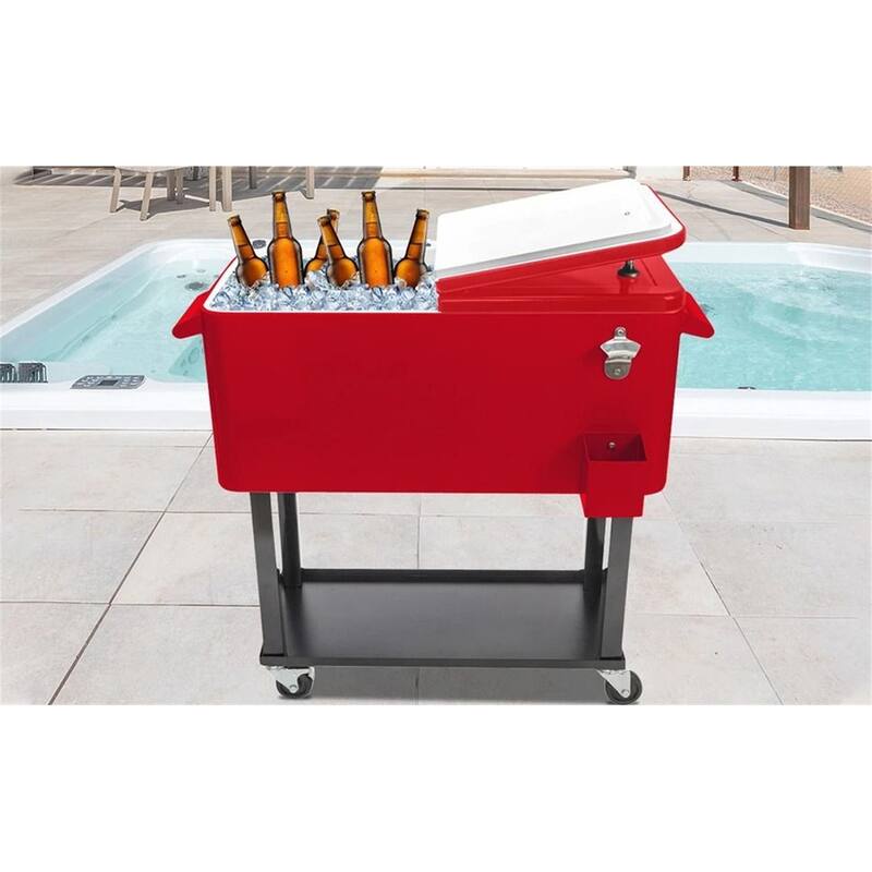 80 Quart Portable Rolling Cooler Cart with Shelf & Bottle Opener - Red