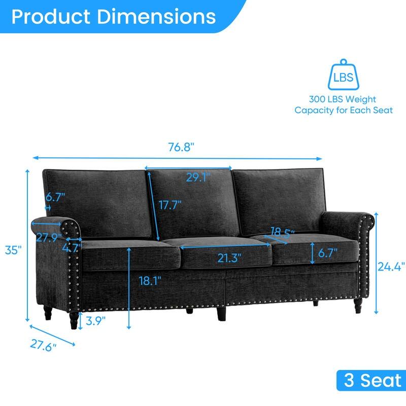 Mixoy Chenille Living Room Sofa,Modern 3-Seater Sofa Couch,Unique Riveted Look
