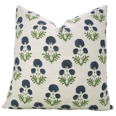 Fabdivine Square Pillow Cover with Flower Block Print for Cozy Throw Home Blue Soft Linen 22x22 Inch Cushioncase, Rishi