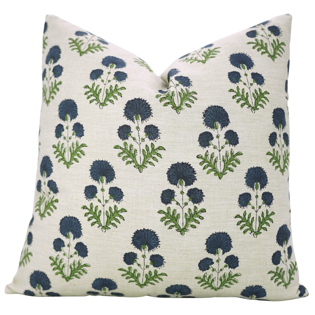 Fabdivine Square Pillow Cover with Flower Block Print for Cozy Throw Home Blue Soft Linen 22x22 Inch Cushioncase, Rishi