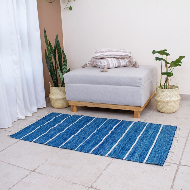 Handmade Azure Stripes Wool area rug (2.5x5) - 2' x 6' Runner