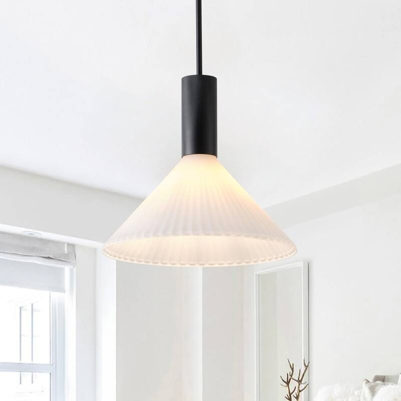 Black Metal Pendant Light Frosted White Glass Shade Modern Hanging Ceiling Fixture - N/A